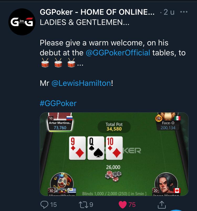 Lewis Hamilton speelt Online Poker